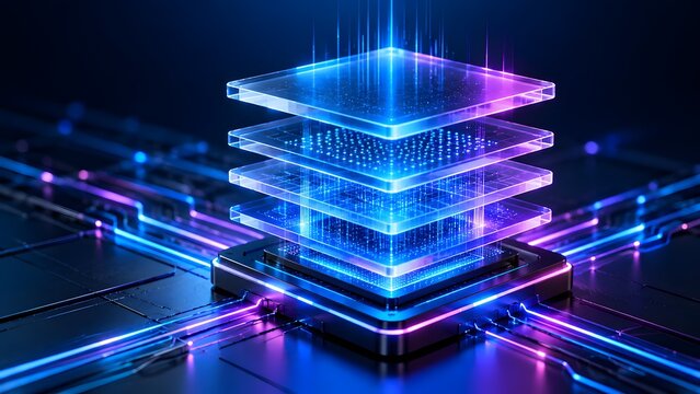 Quantum Computing Processor Chip with Multilayer Glass Microchip Stack and Neon Circuit Lines Artificial Intelligence Hardware