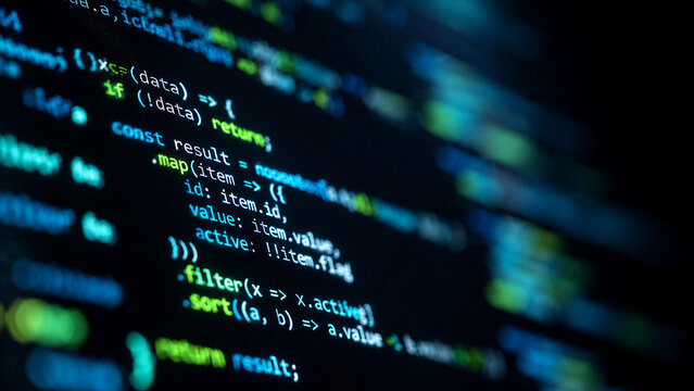 JavaScript programming source code on dark screen for software development