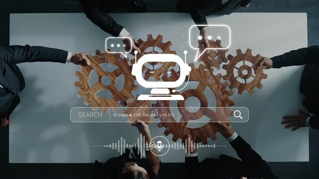 A diverse team collaborates on an innovative artificial intelligence project, using gears to symbolize teamwork and strategic development in a modern workspace. Raster