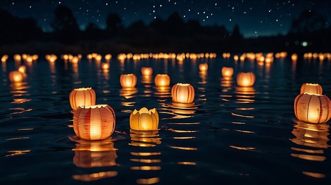 Gleaming paper lanterns float across dark water during a night festival, casting warm orange glows and shimmering reflections in a tranquil outdoor scene.