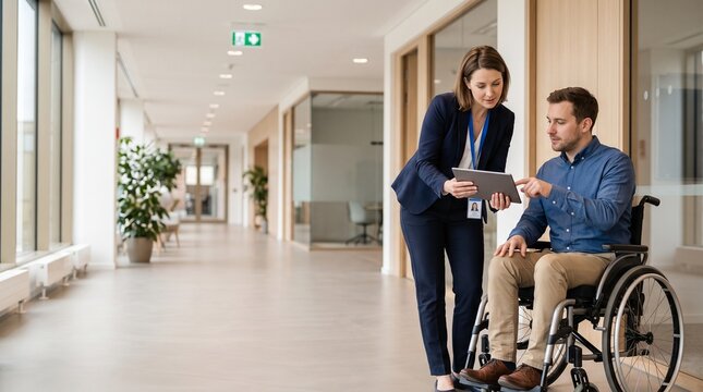 Workplace Safety Coordinator and Wheelchair User Reviewing Accessible Emergency Evacuation Plan