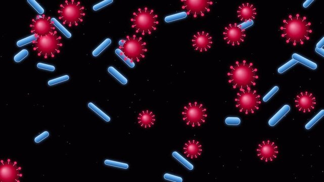 Scientific visualization of red virus and blue bacteria cells microorganism