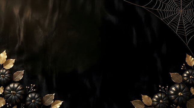 Elegant black pumpkins with gold leaves and spider web on dark background