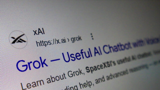 Close up view of Grok xAI website search result on computer screen with blue text and website link.