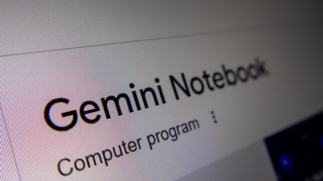 Gemini Notebook title on digital monitor screen illustrating modern artificial intelligence software.