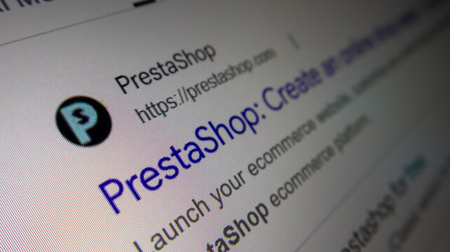 PrestaShop website displayed on a screen, open source e-commerce solution used by online stores worldwide.