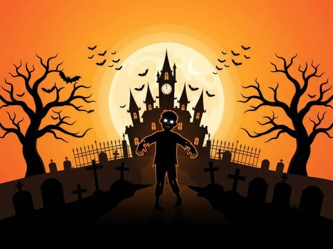 Silhouette of a ghost standing near a haunted castle at sunset