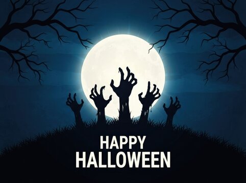 Happy Halloween zombie hands reaching under full moon