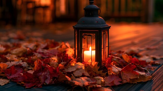Charming autumn night landscape featuring a lit candle inside a black lantern among red and orange fallen leaves