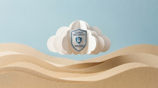 Cloud security shield with lock and paper cloud above sand dune landscape conveying secure storage and digital data protection