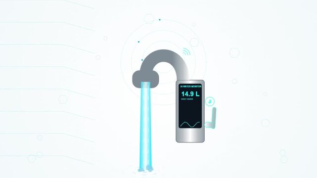 Smart water meter device connected to faucet measuring water flow and consumption vector illustration