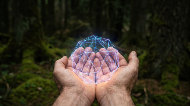 Artificial intelligence governance with hand holding digital network in forest scenery reflecting connection with nature