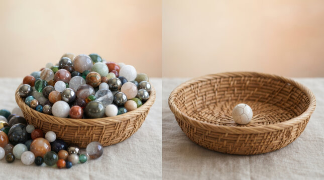 Economic imbalance with marble abundance and scarcity in wicker basket contrast on neutral tabletop against soft beige background