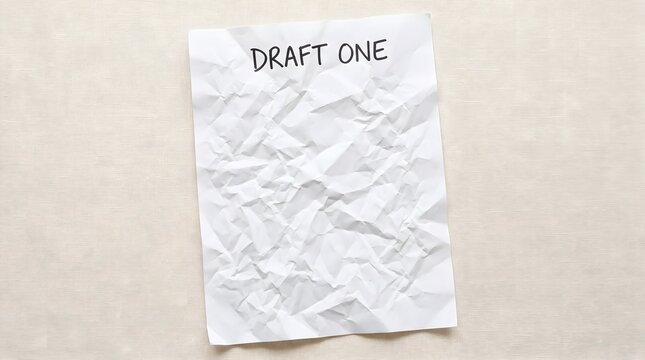Crumpled white paper with handwritten draft one text on beige linen background representing writing process and revision concept