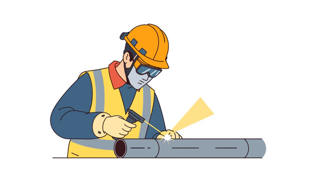Worker wearing an orange hardhat and safety vest welds a steel pipe with a torch.