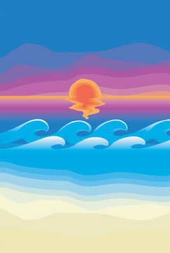 Beach landscape with a brilliant orange and red sunset and stylized colored bands. Synthwave style.