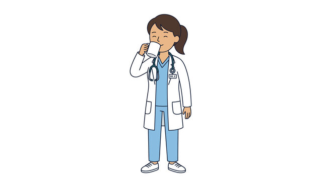 Doctor female healthcare professional in blue medical scrubs and white lab coat drinking from a white mug with a stethoscope around her neck in a flat vector illustration style isolated on w