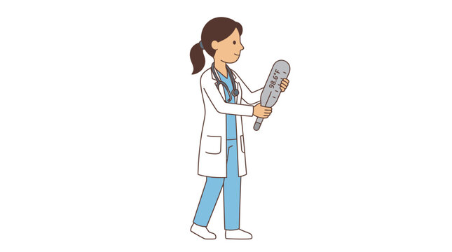 Doctor female healthcare professional wearing blue medical scrubs and a white lab coat holding a large digital thermometer with a stethoscope around her neck in a flat vector illustration st