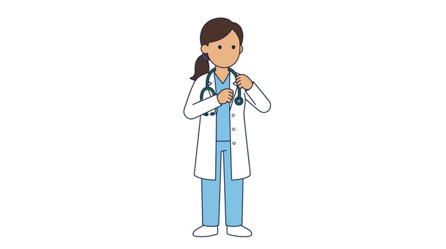 Doctor female healthcare professional wearing blue scrubs and a white lab coat while adjusting her stethoscope against a plain white background