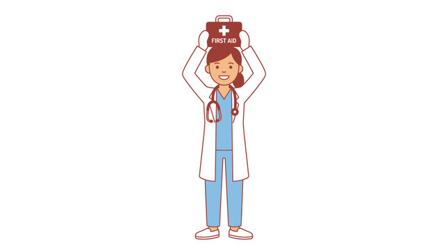 Doctor female healthcare professional in blue medical scrubs and white lab coat balancing a first aid kit above her head with a stethoscope around her neck isolated on white background