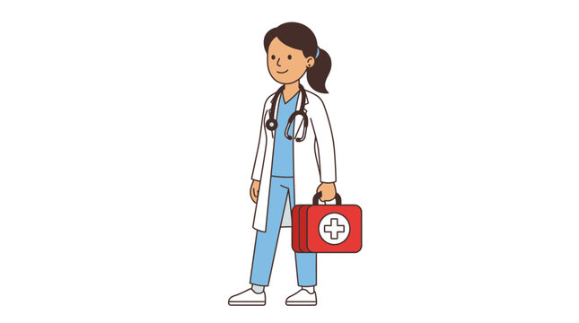 Doctor female healthcare professional wearing blue medical scrubs and a white lab coat while carrying a red first aid medical bag with a stethoscope around her neck