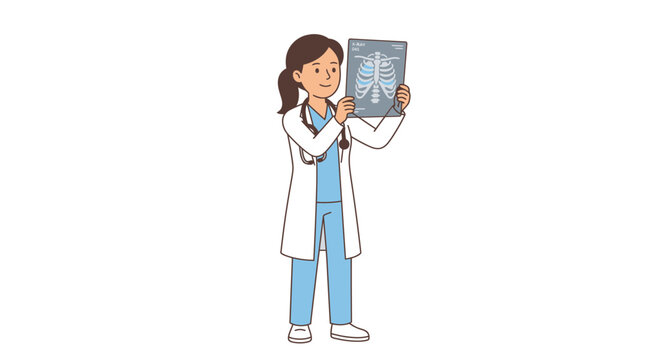 Doctor female healthcare professional wearing blue scrubs and a white lab coat while holding and examining an X-ray film with a stethoscope around her neck in a flat vector illustration styl
