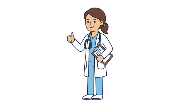 Doctor female healthcare professional wearing blue medical scrubs and white lab coat giving a positive thumbs up gesture while holding a clipboard and stethoscope in flat vector illustration