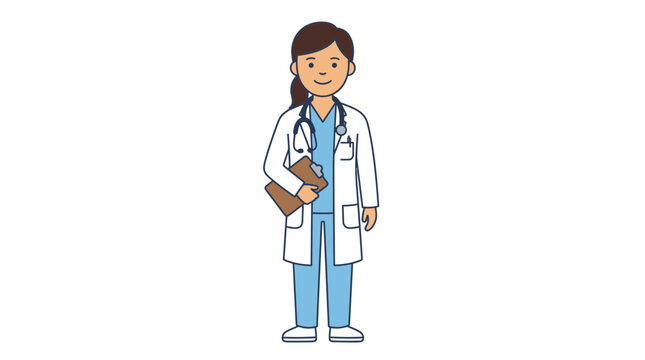 Doctor female healthcare professional wearing blue medical scrubs and a white lab coat while holding a medical clipboard and a stethoscope around her neck