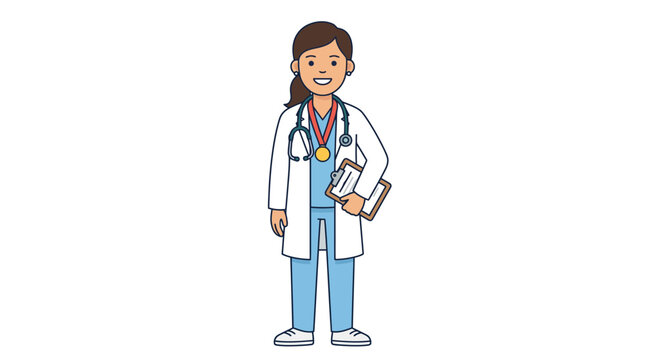 Doctor female healthcare professional wearing blue medical scrubs and a white lab coat while holding a medical clipboard and a gold award medal around her neck