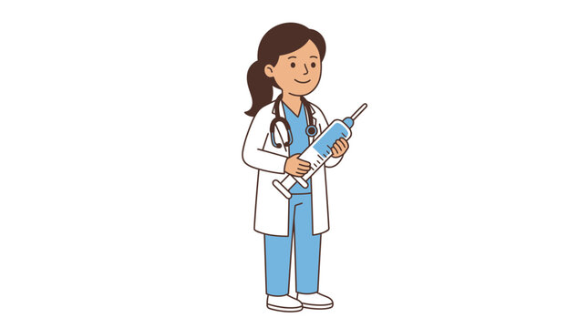 Doctor female healthcare professional wearing blue medical scrubs and a white lab coat while holding a medical syringe with a stethoscope around her neck in flat vector illustration style