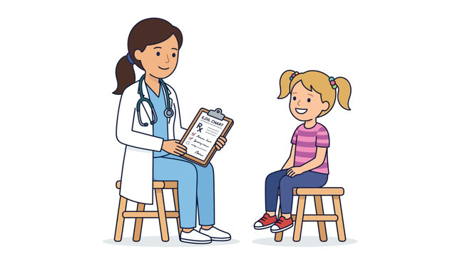 Doctor female healthcare professional wearing blue medical scrubs and white lab coat sitting on a stool and holding a medical chart while talking to a young girl patient in flat vector illus