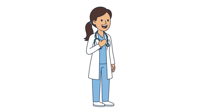 Doctor female healthcare professional wearing blue medical scrubs and a white lab coat while laughing joyfully with a stethoscope around her neck in flat vector illustration style