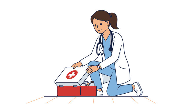 Doctor female healthcare professional wearing blue medical scrubs and a white lab coat while opening a red first aid kit with a stethoscope around her neck in a flat vector illustration styl