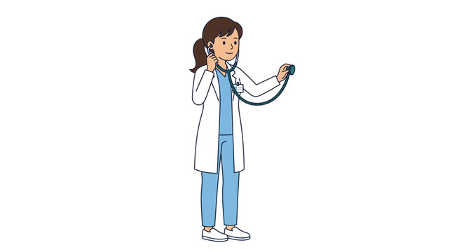 Doctor female healthcare professional wearing blue medical scrubs and white lab coat while holding and putting on a stethoscope in flat vector illustration style