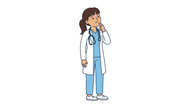 Doctor female healthcare professional wearing blue medical scrubs and white lab coat while pondering thoughtfully with a stethoscope around her neck in flat vector illustration style