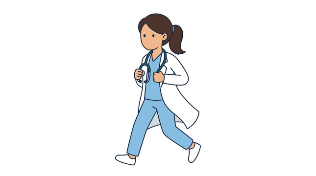 Doctor female character in medical scrubs and white lab coat walking quickly with a stethoscope around her neck, depicted in a clean flat vector illustration style on a white background