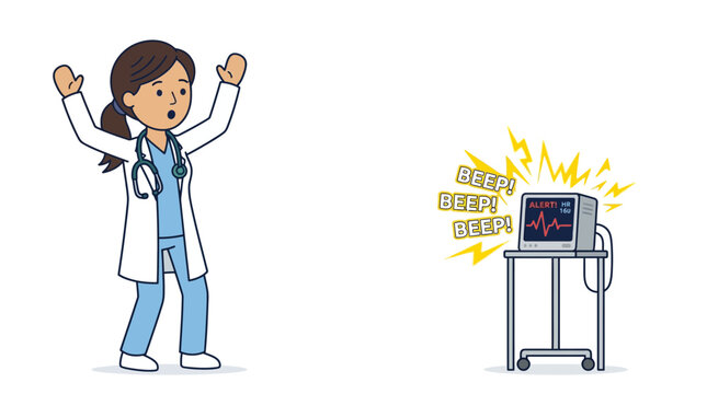 Doctor female healthcare professional wearing blue medical scrubs and white lab coat reacting in surprise with both hands raised next to a beeping medical monitor in flat vector illustration