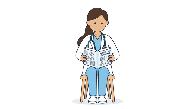 Doctor female healthcare professional wearing blue medical scrubs and white lab coat while reading a medical textbook with a stethoscope around her neck in flat vector illustration style