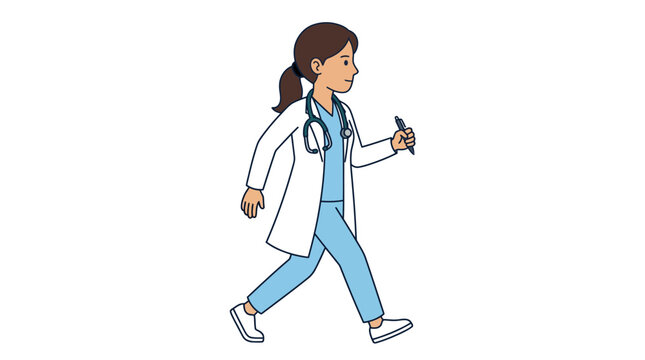 Doctor female healthcare professional wearing blue medical scrubs and a white lab coat walking forward briskly while holding a pen with a stethoscope around her neck in flat vector illustrat