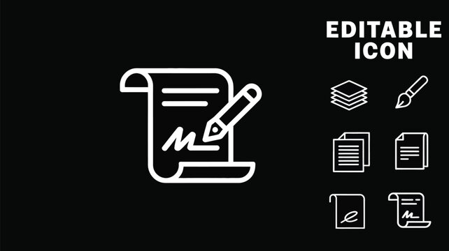 Contract agreement signing line icon set with pencil and editable document vector