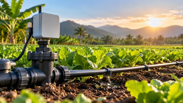 Smart irrigation system with drip lines watering a lush green field of lettuce under a golden sunset sky with mountains in the background