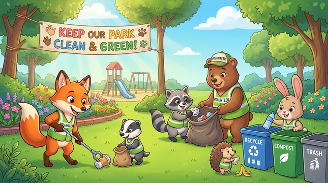 Cute cartoon animals cleaning and greening community park
