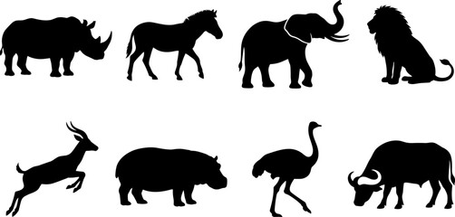 Naklejka premium Set of detailed black silhouettes of African savanna wildlife animals on a white background