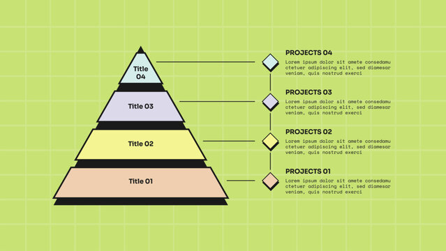 pyramid infographic template with four level stacked tier pyramid diamond marker connector line layout, neobrutalism flat style