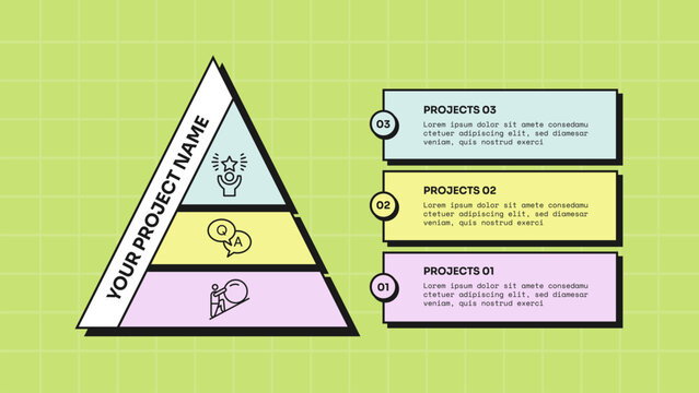 pyramid infographic template with three level layered pyramid side title banner rectangle card number badge layout, neobrutalism flat style