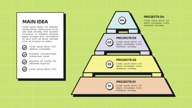 pyramid infographic template with four level stacked trapezoid pyramid main idea checklist card layout, neobrutalism flat style