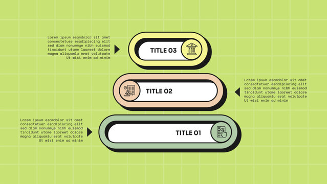 pyramid infographic template with three level stacked rounded capsule pill circle icon badge arrow pointer layout, neobrutalism flat style