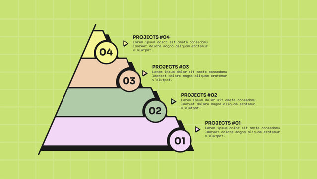 pyramid infographic template with four level right angle pyramid circle number badge triangle pointer layout, neobrutalism flat style