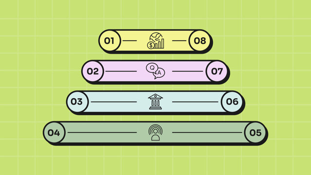 pyramid infographic template with eight point stacked rounded capsule bar double end circle number layout, neobrutalism flat style