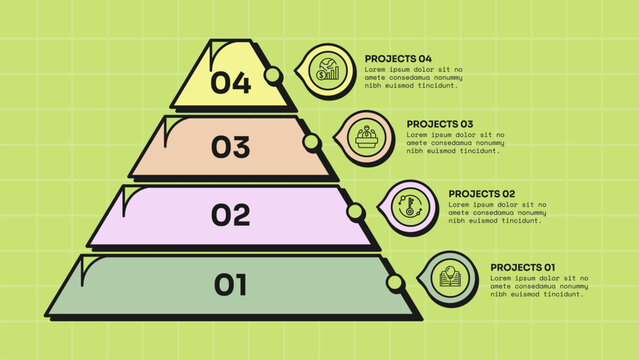 pyramid infographic template with four level numbered tier pyramid curved corner accent teardrop icon pin layout, neobrutalism flat style